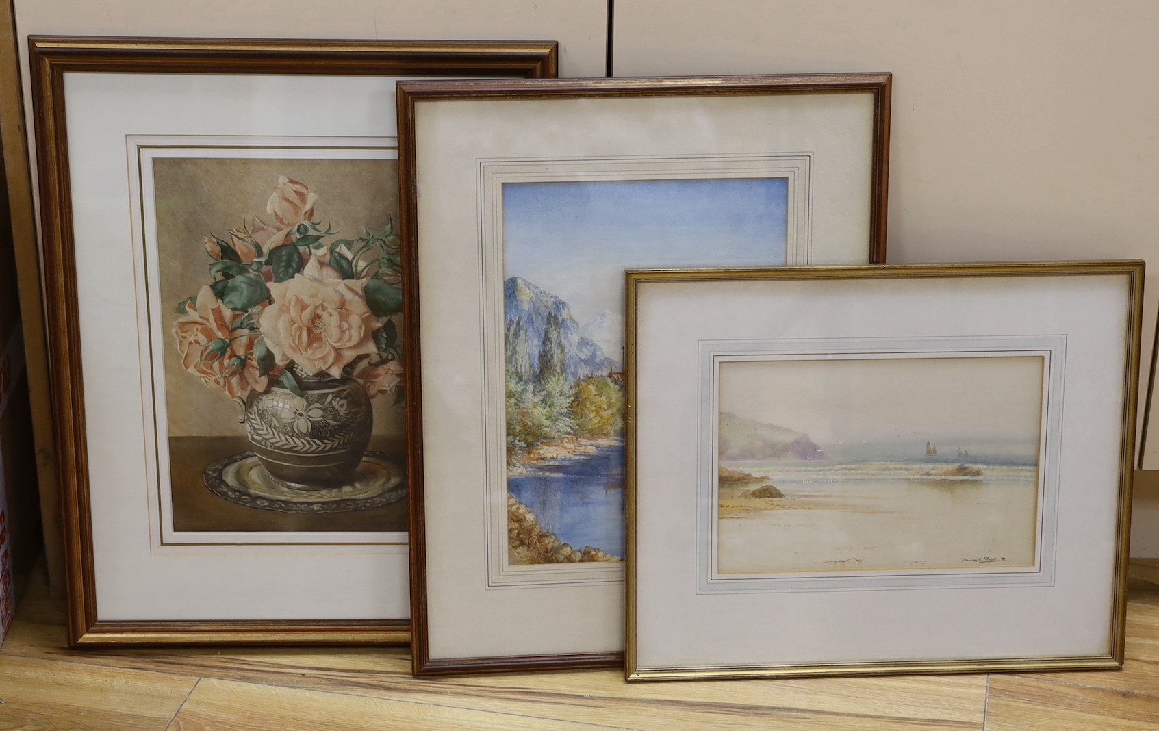 Douglas, Pinder (1886-1949), watercolour, Beach scene, signed and dated '87, 19 x 28cm, a still life of roses by A.Kemp Tebby, and an unsigned Swiss lake scene